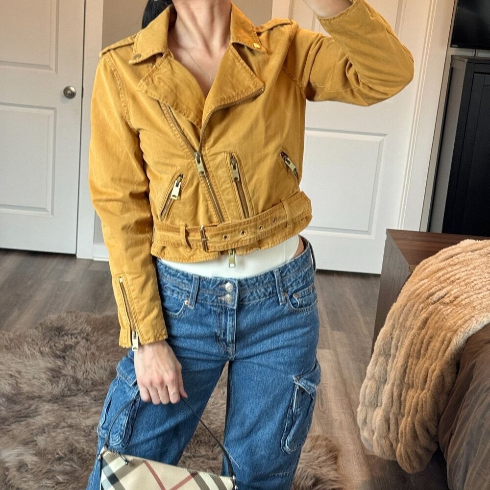 AllSaints Cropped Moto Jacket Y2K Mustard Yellow Biker Belted Motorcycle Baddie
